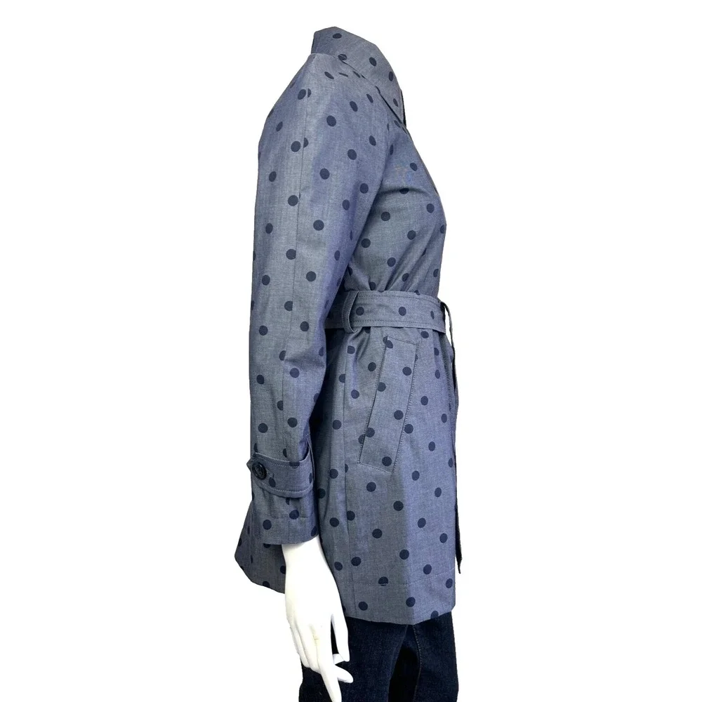 Banana Republic Polka Dot Trench Coat Water Resistant Belt Button Blue XS EUC - Picture 7 of 10